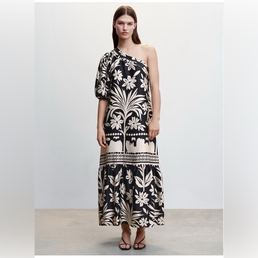 Mango Floral Palm Tree Elegant Black and Cream One-Shoulder Dress